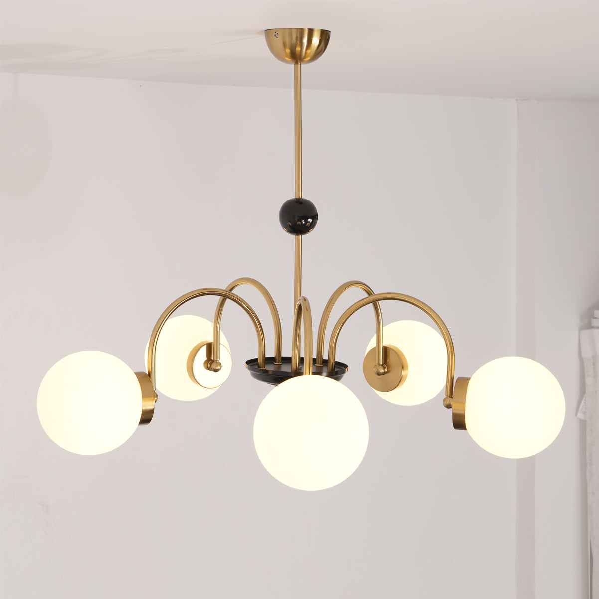 Chandelier Curved Arms Globe Shades Modern Retro Style Dining
