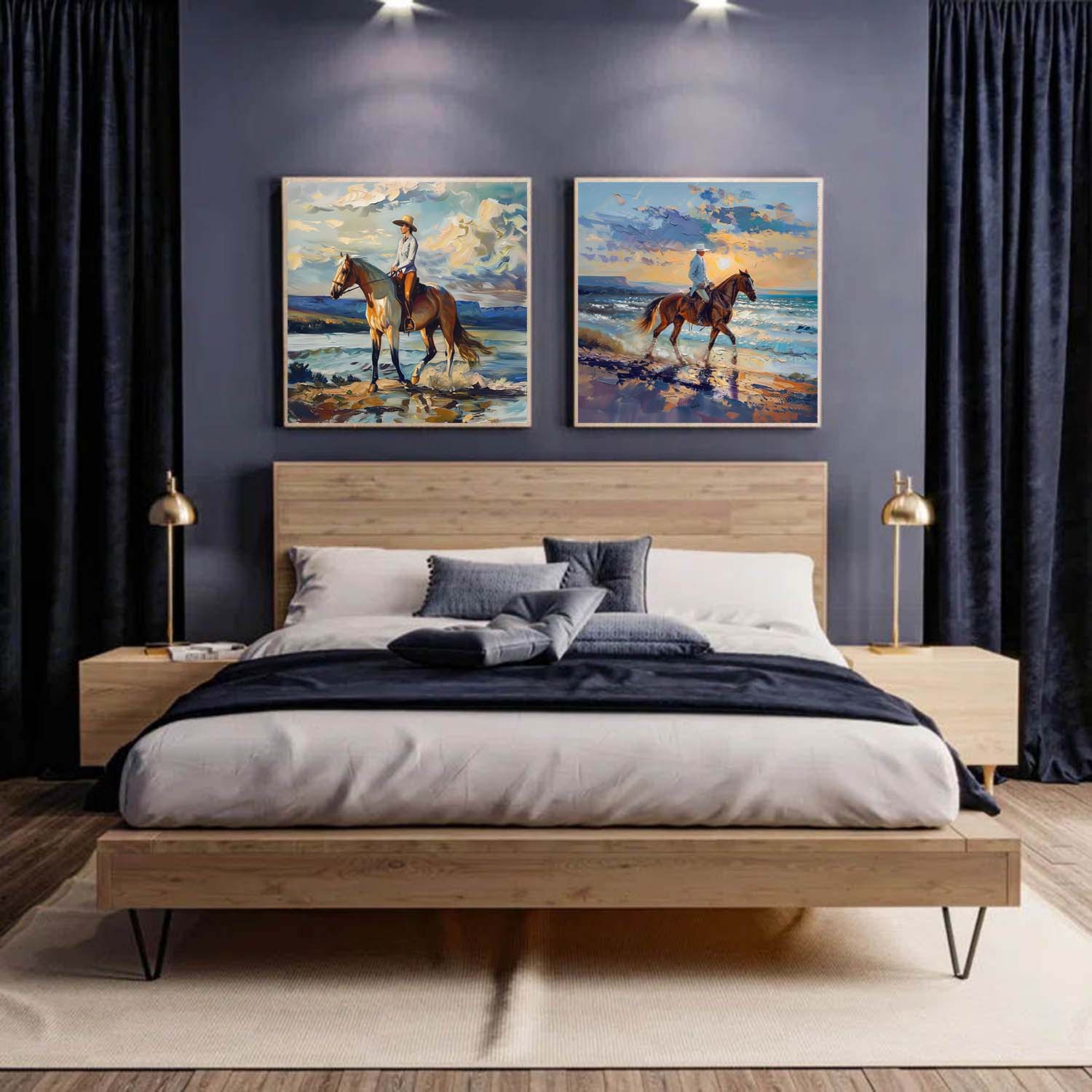 Dual Equestrian Coastal Diptych Vibrant Impasto