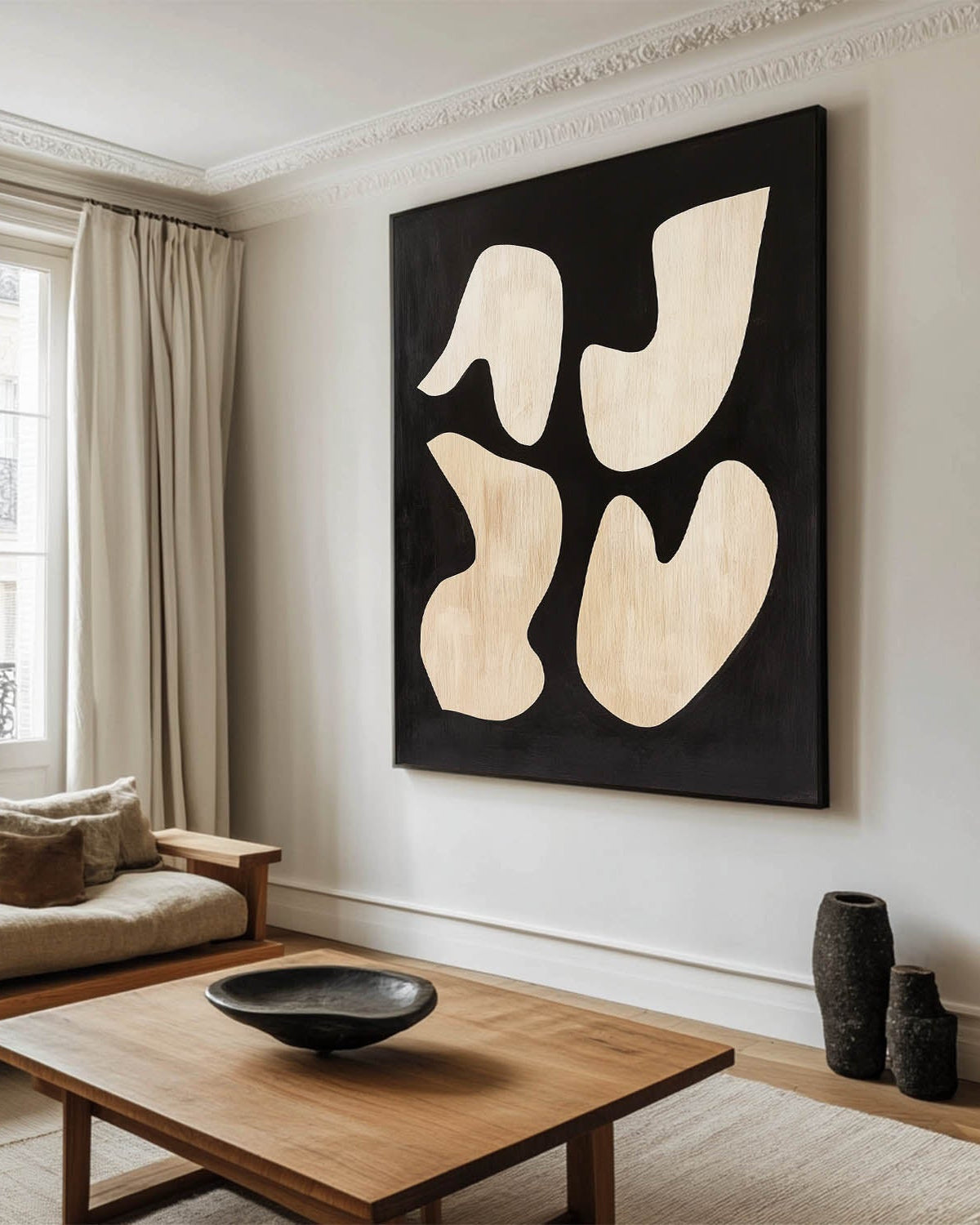 Organic Shape Black Warm Beige Oil Painting