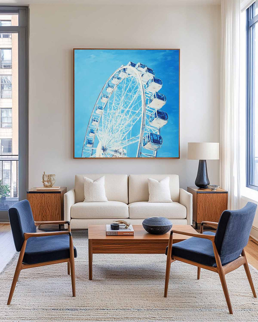 Blue Gondolas Vivid Sky-Blue Background Oil Painting