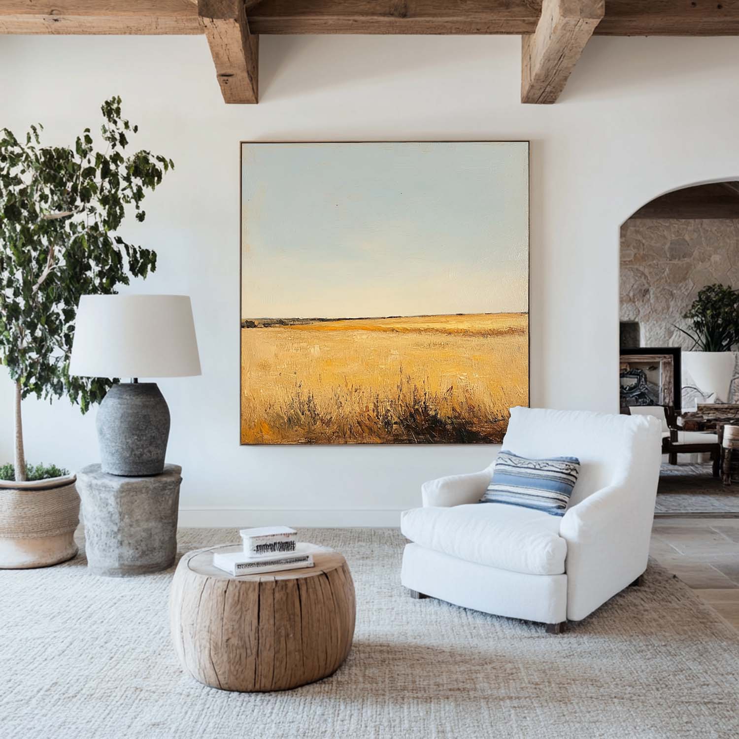 Golden Prairie Landscape Under Blue Sky Oil Painting