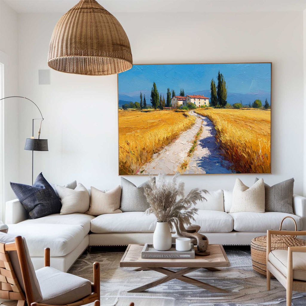 Tuscan Countryside Oil Painting Golden Wheat Fields