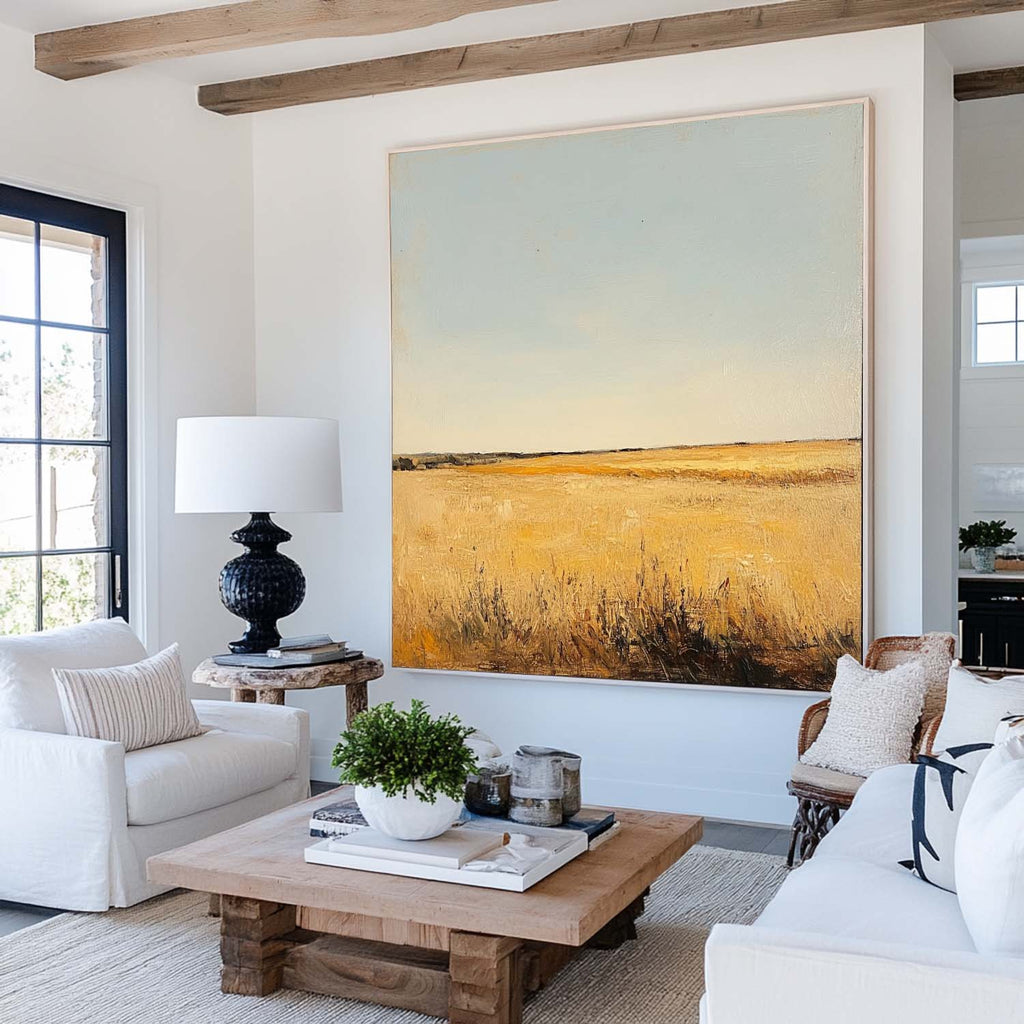 Golden Prairie Landscape Under Blue Sky Oil Painting