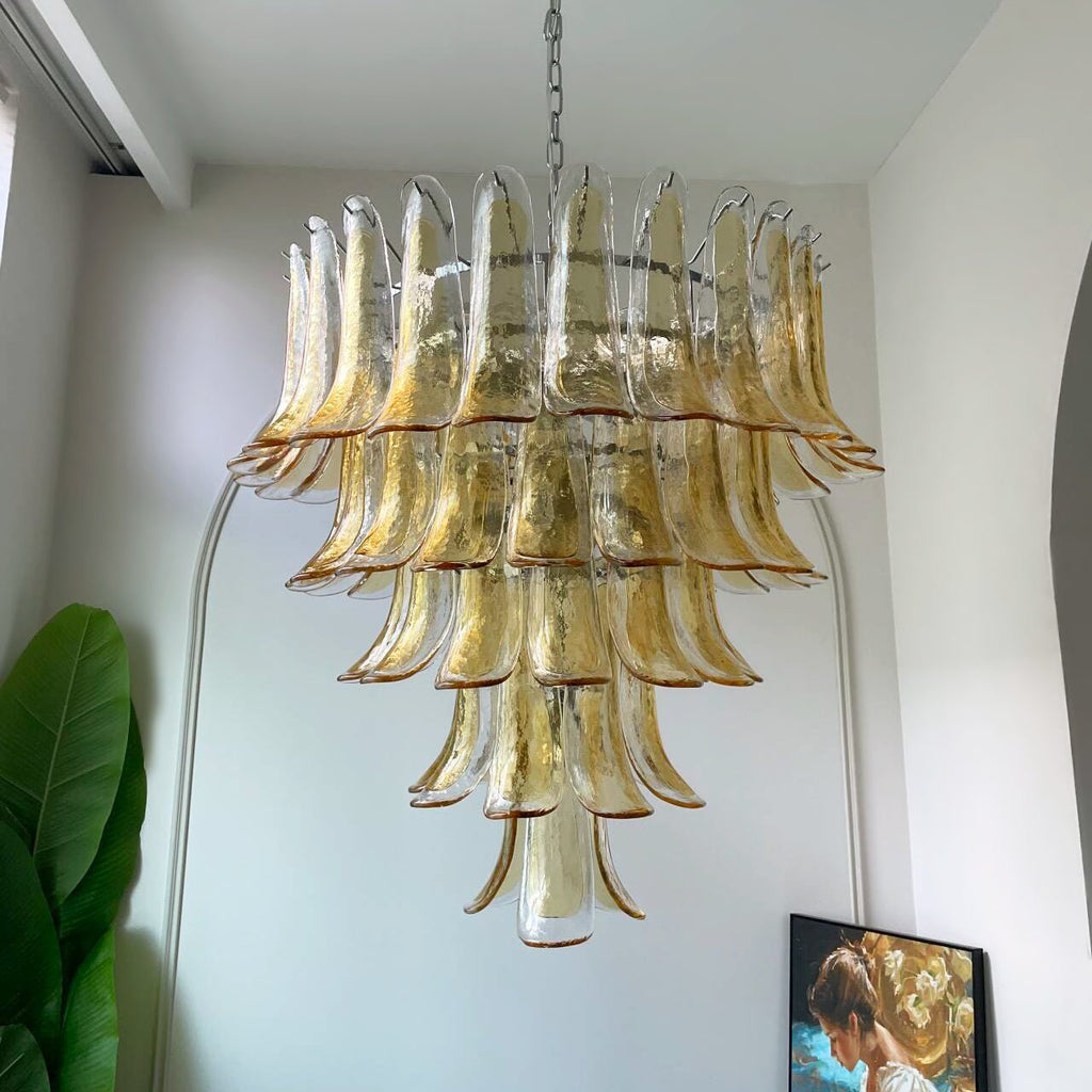 Aurora Chandelier Amber Petals Murano Glass Layered Lotus