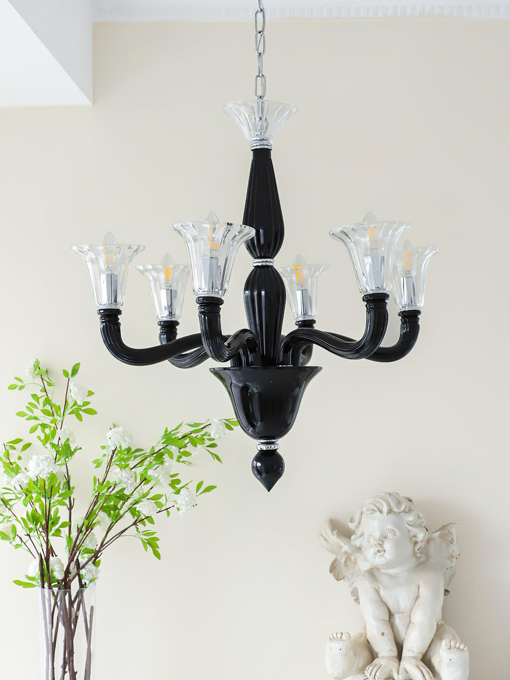 Aurora Chandelier Black Murano Candle Arm Glass Classic