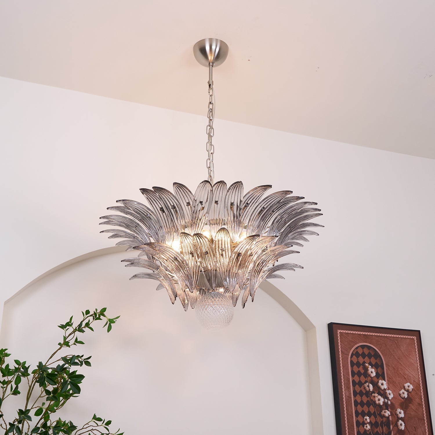 Aurora Chandelier Palmette Clear Murano Glass Leaf Layered