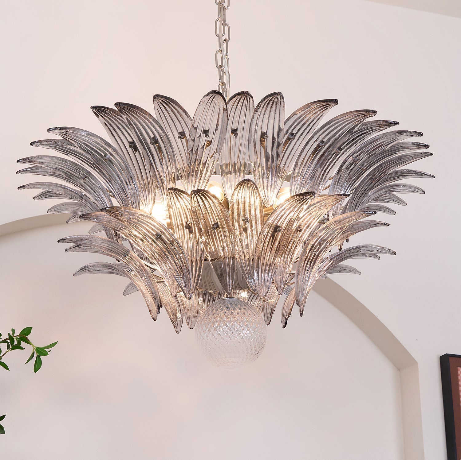 Aurora Chandelier Palmette Clear Murano Glass Leaf Layered
