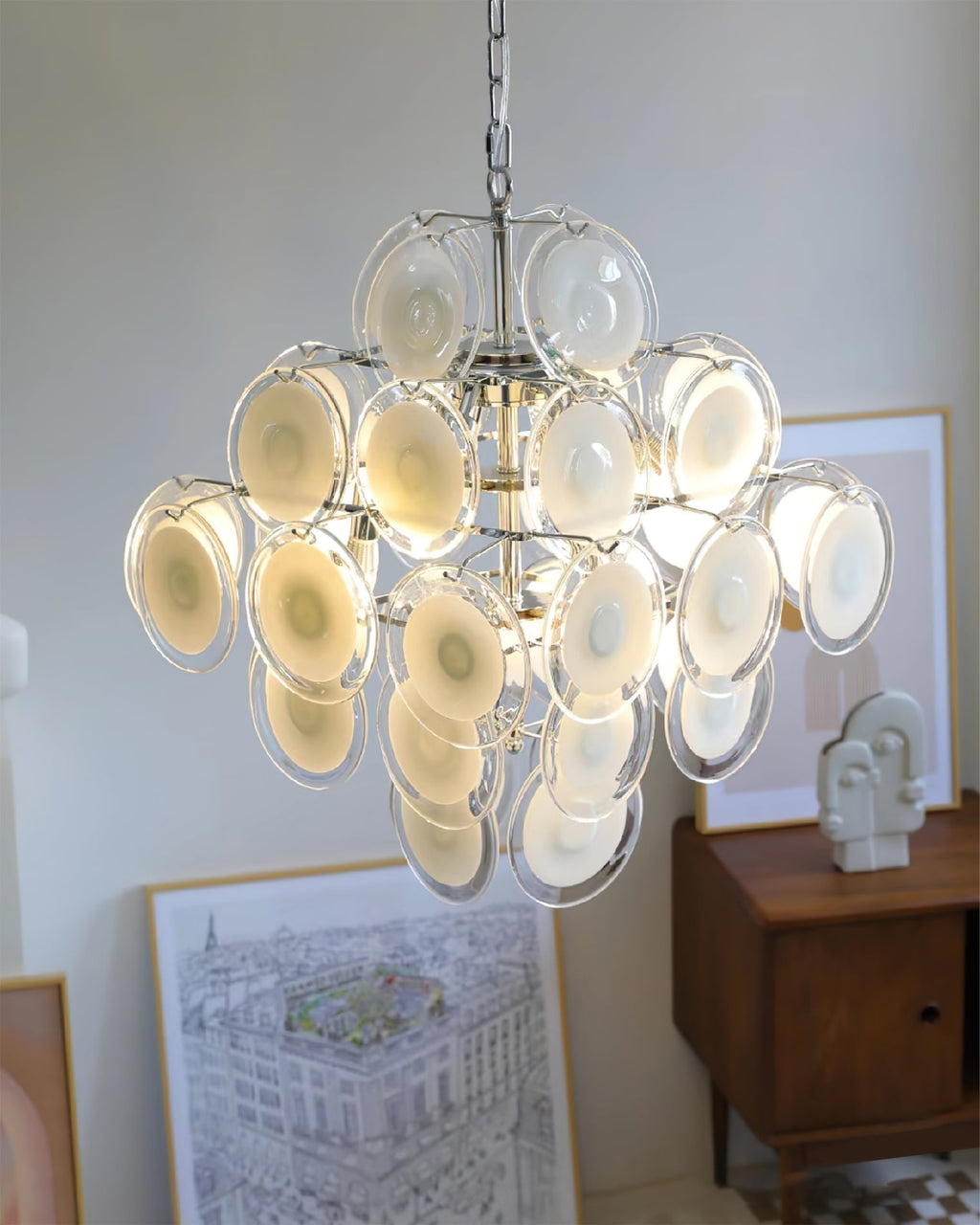 Aurora Chandelier White Murano Glass Discs Cluster