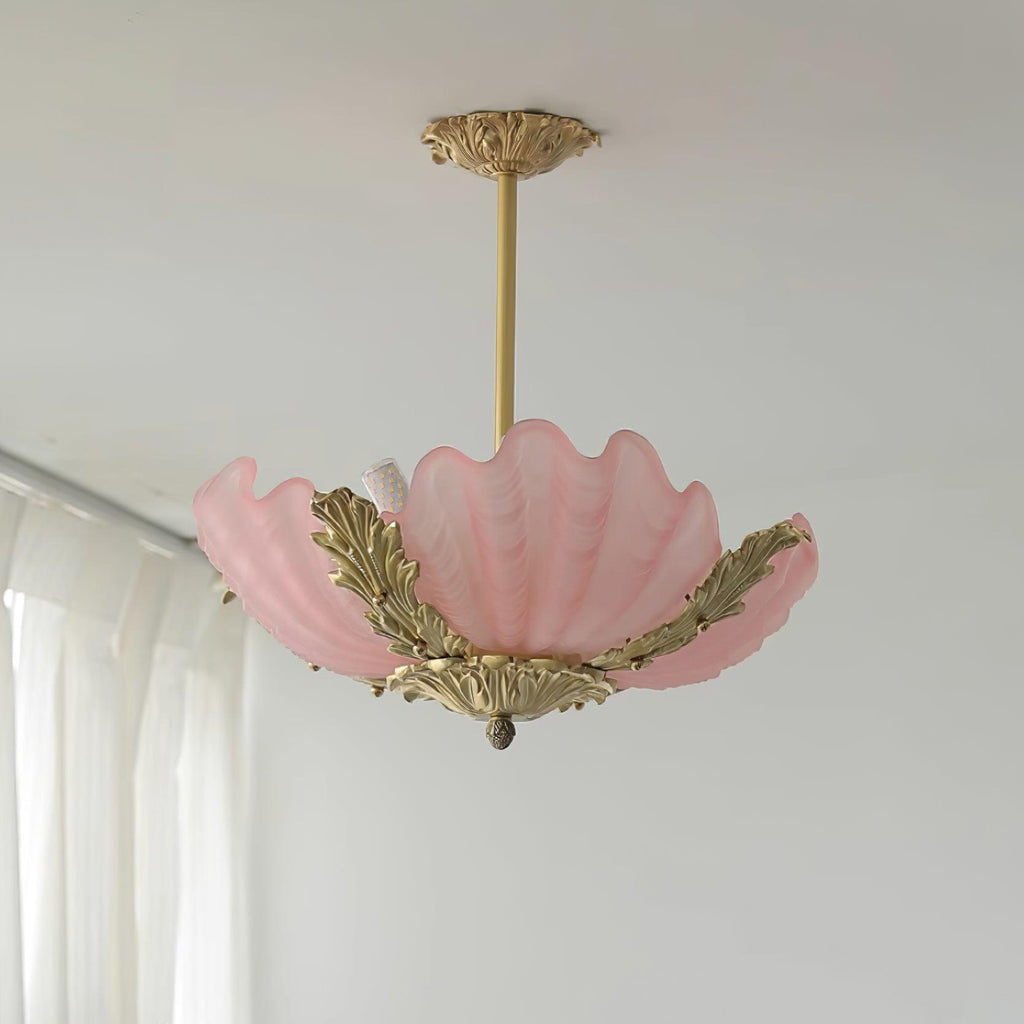 Pendant Lamp Pink Murano Shell with Brass Baroque
