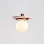 Pendant Lamp Glass Globe Travertine Disc Walnut Wood Natural