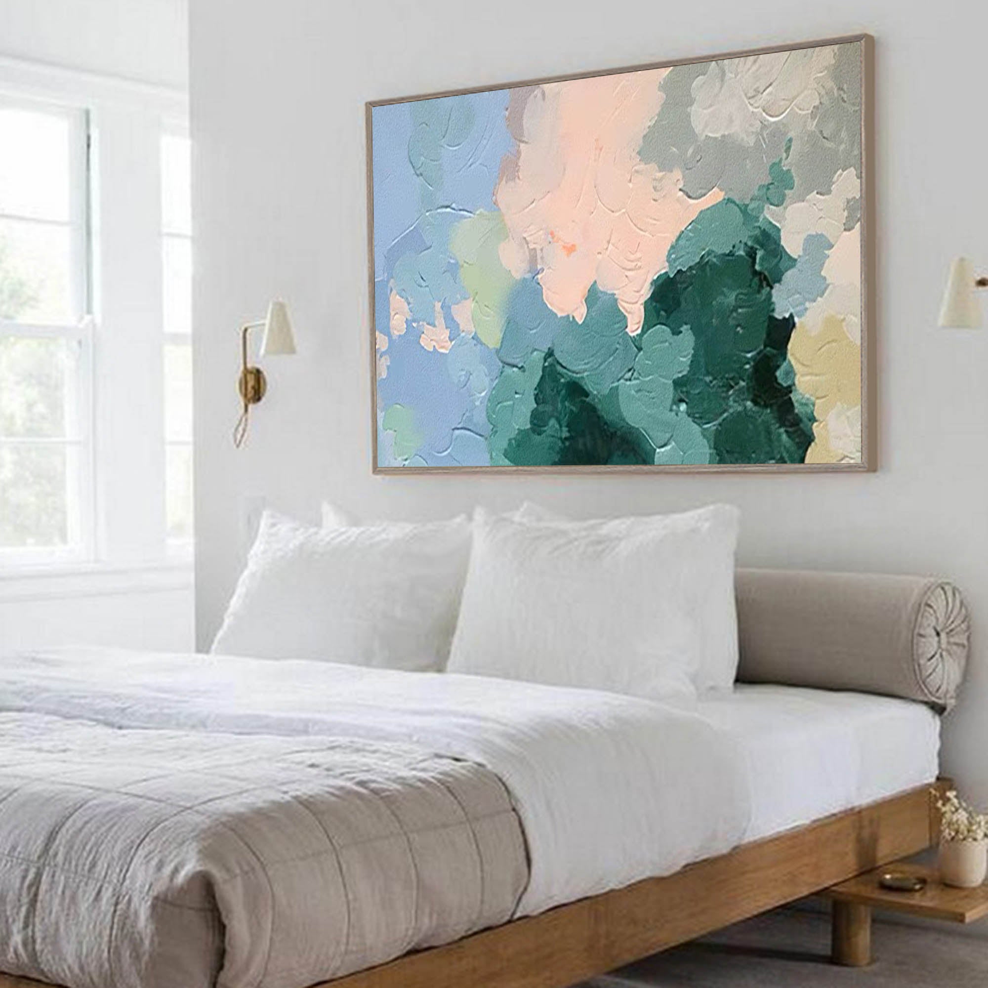 Soft Pastel Impasto Oil Painting Blue Green Peach