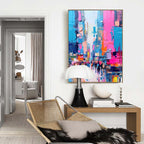 Impasto Cityscape Painting Vibrant Pink & Blue Wall Art