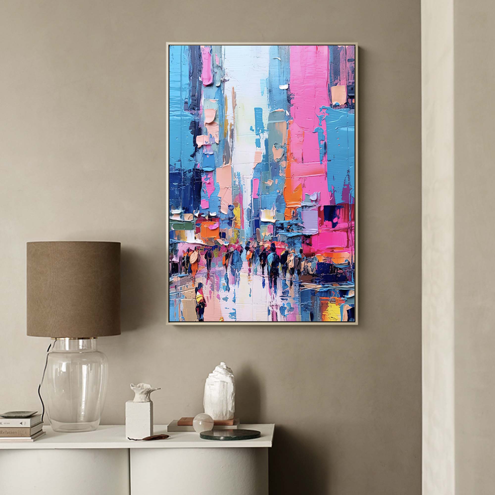 Impasto Cityscape Painting Vibrant Pink & Blue Wall Art