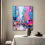 Impasto Cityscape Painting Vibrant Pink & Blue Wall Art
