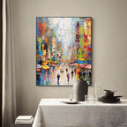 Vibrant Impasto City Street Oil Painting Rainy Day Umbrella