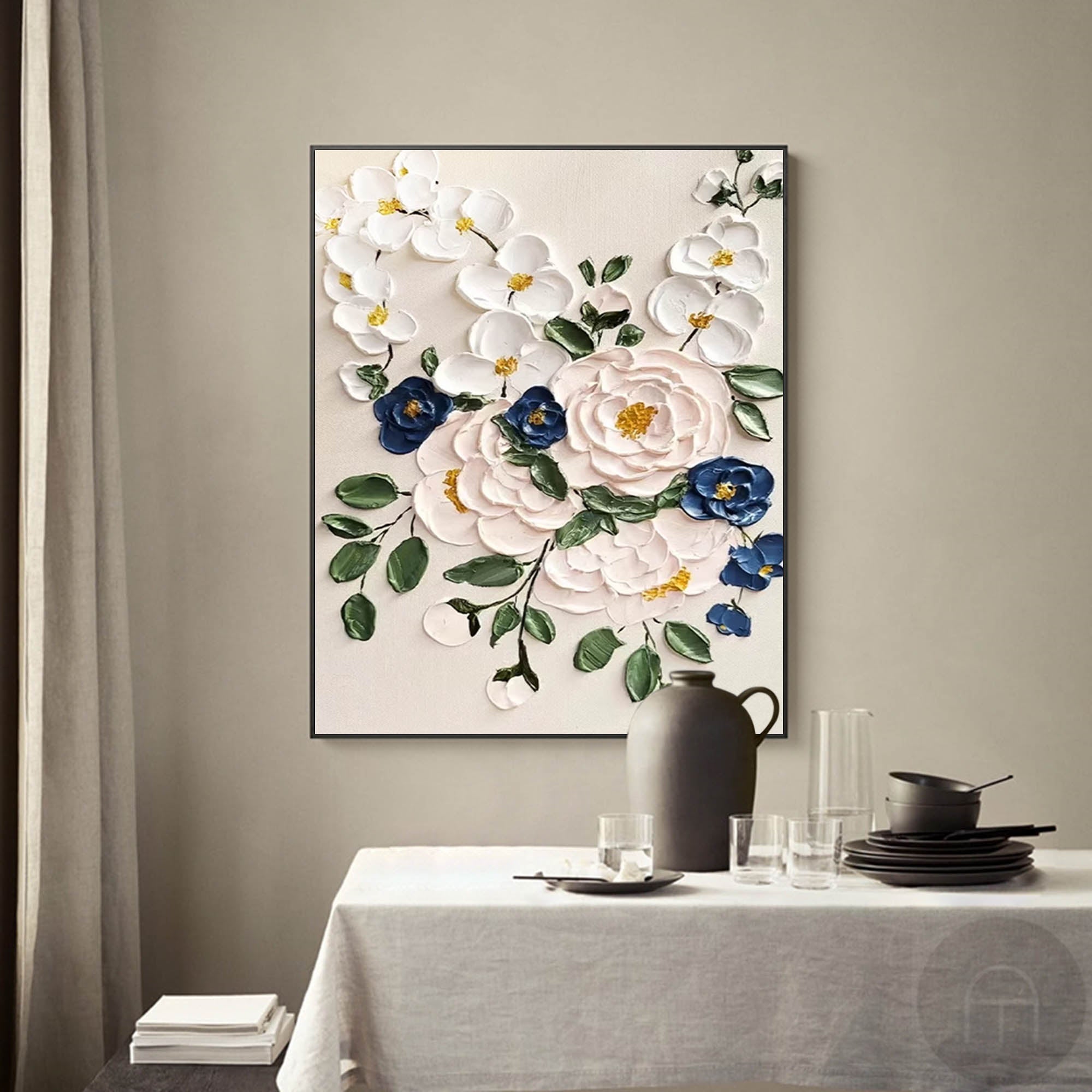 3D Impasto Floral Bouquet Painting White Blue