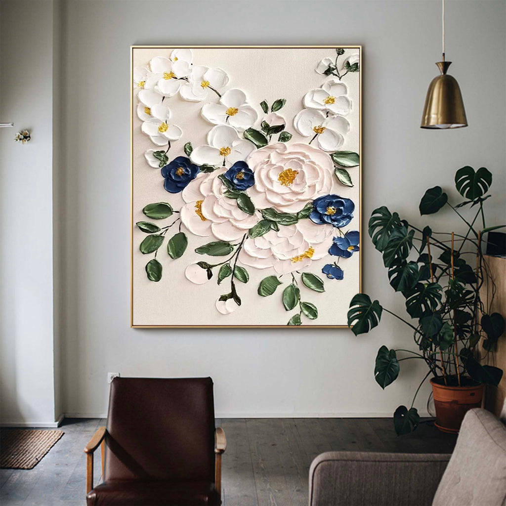 3D Impasto Floral Bouquet Painting White Blue