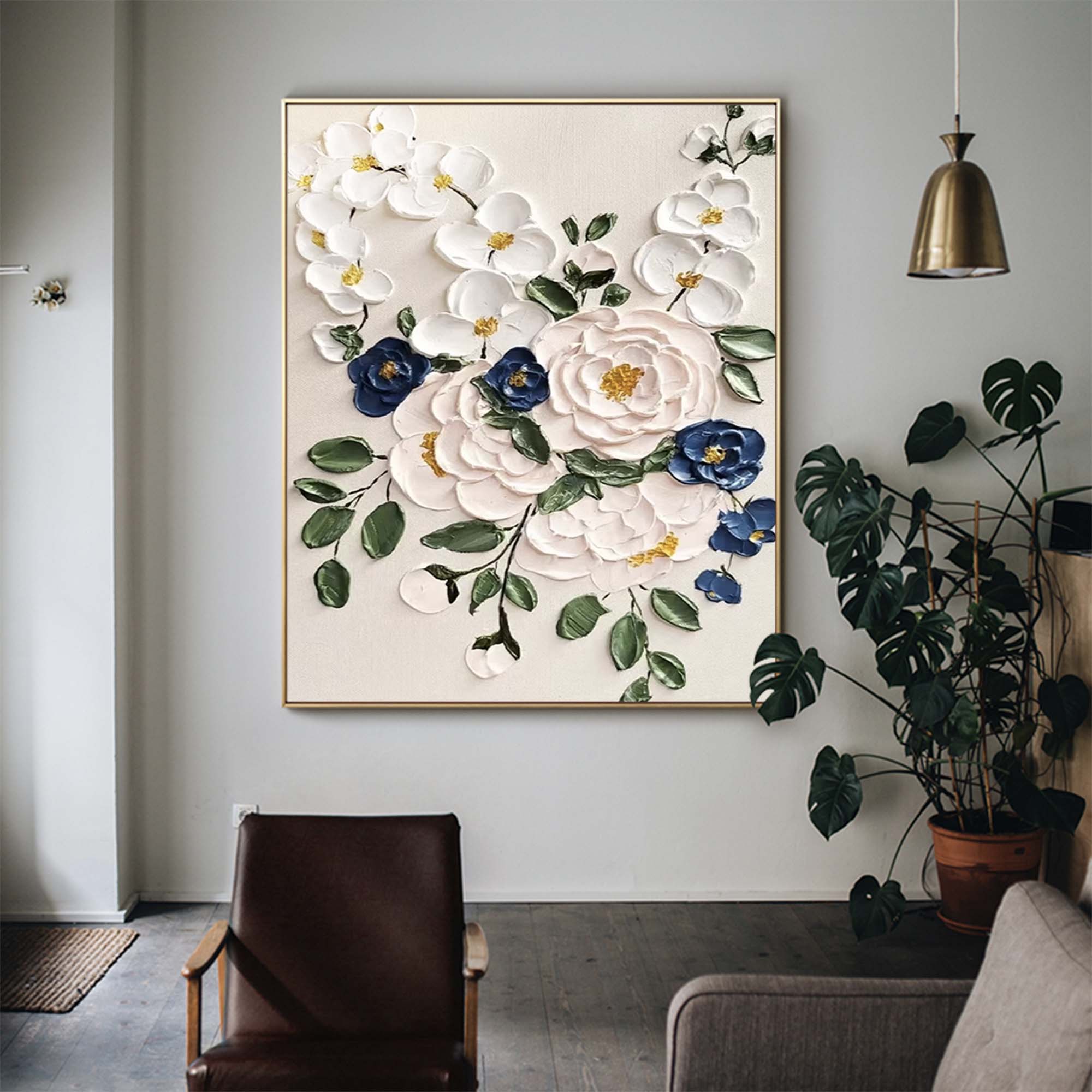 3D Impasto Floral Bouquet Painting White Blue
