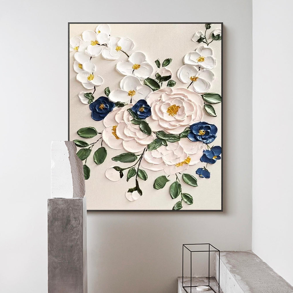 3D Impasto Floral Bouquet Painting White Blue