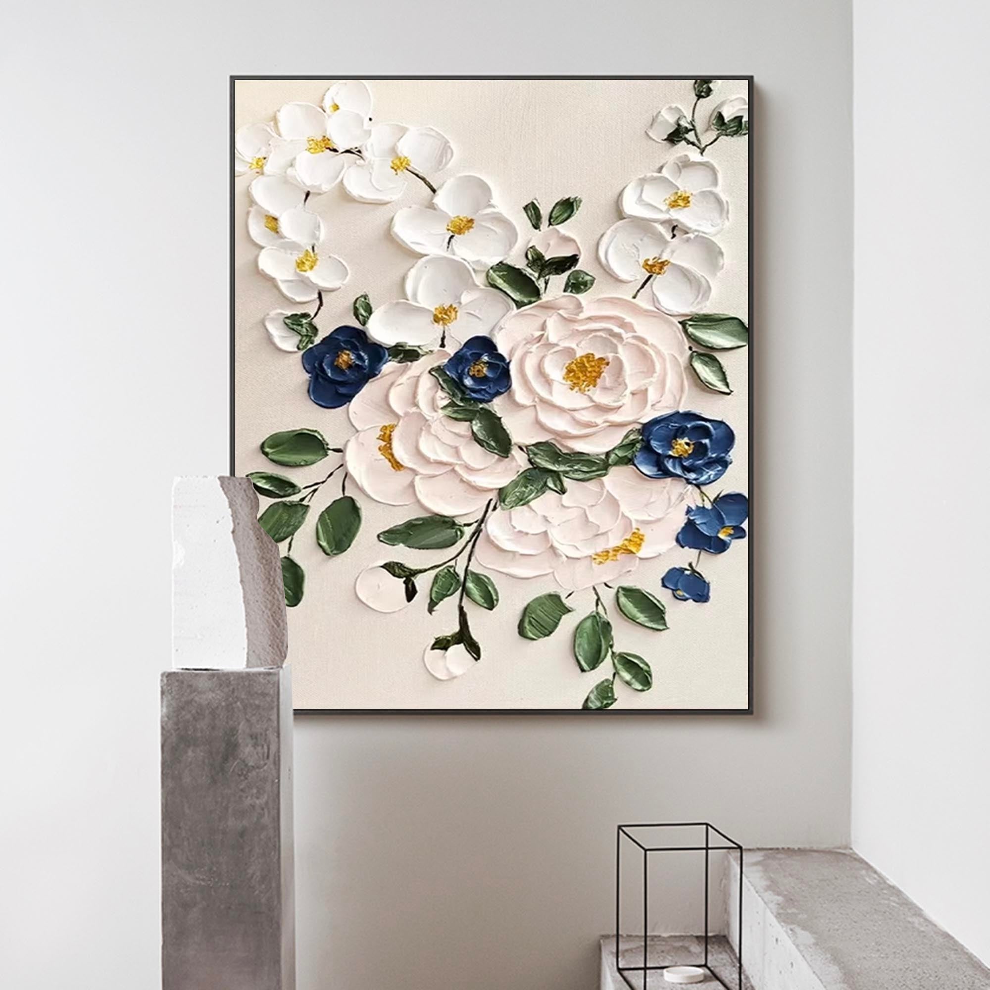 3D Impasto Floral Bouquet Painting White Blue