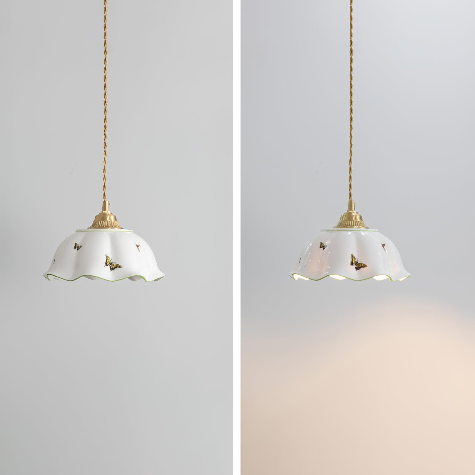Pendant Lamp Ceramic Petal Shade Hand Painted Butterflies Vintage Charm