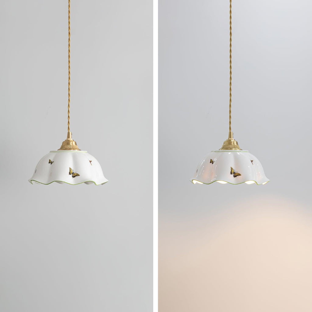 Pendant Lamp Ceramic Petal Shade Hand Painted Butterflies Vintage Charm