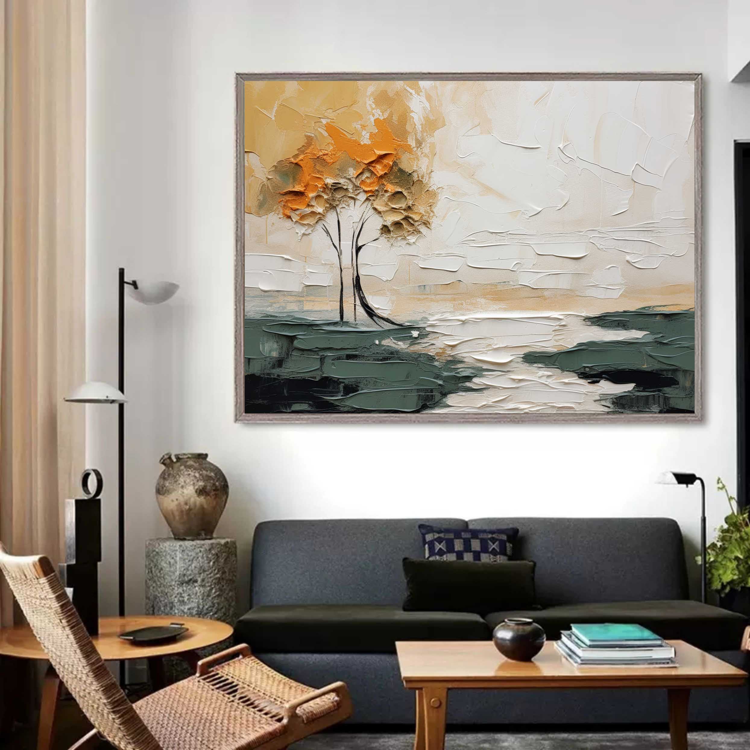 Autumn Duo Trees Impasto Landscape Painting