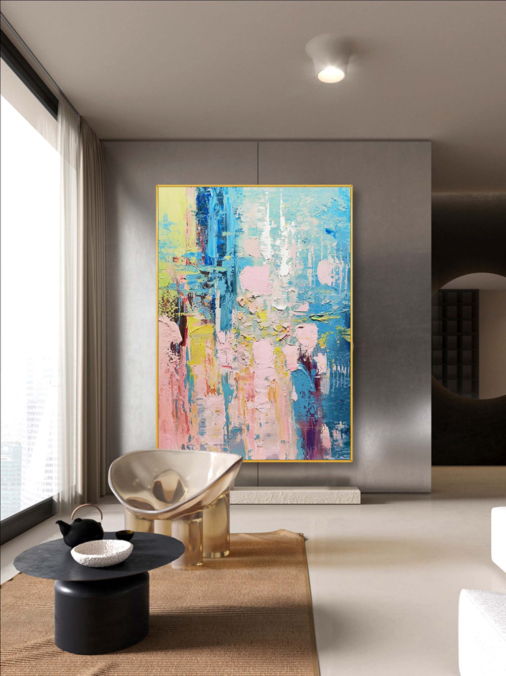 Vibrant Impasto Oil Painting Blue Pink Yellow