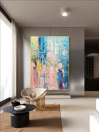 Vibrant Impasto Oil Painting Blue Pink Yellow