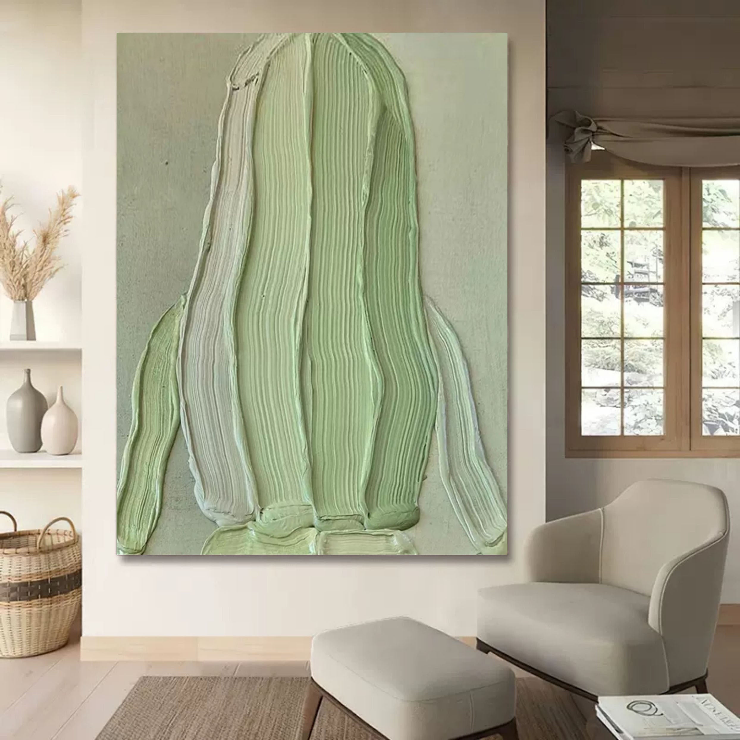 Soft Green Impasto Textured Organic Form Wall Art