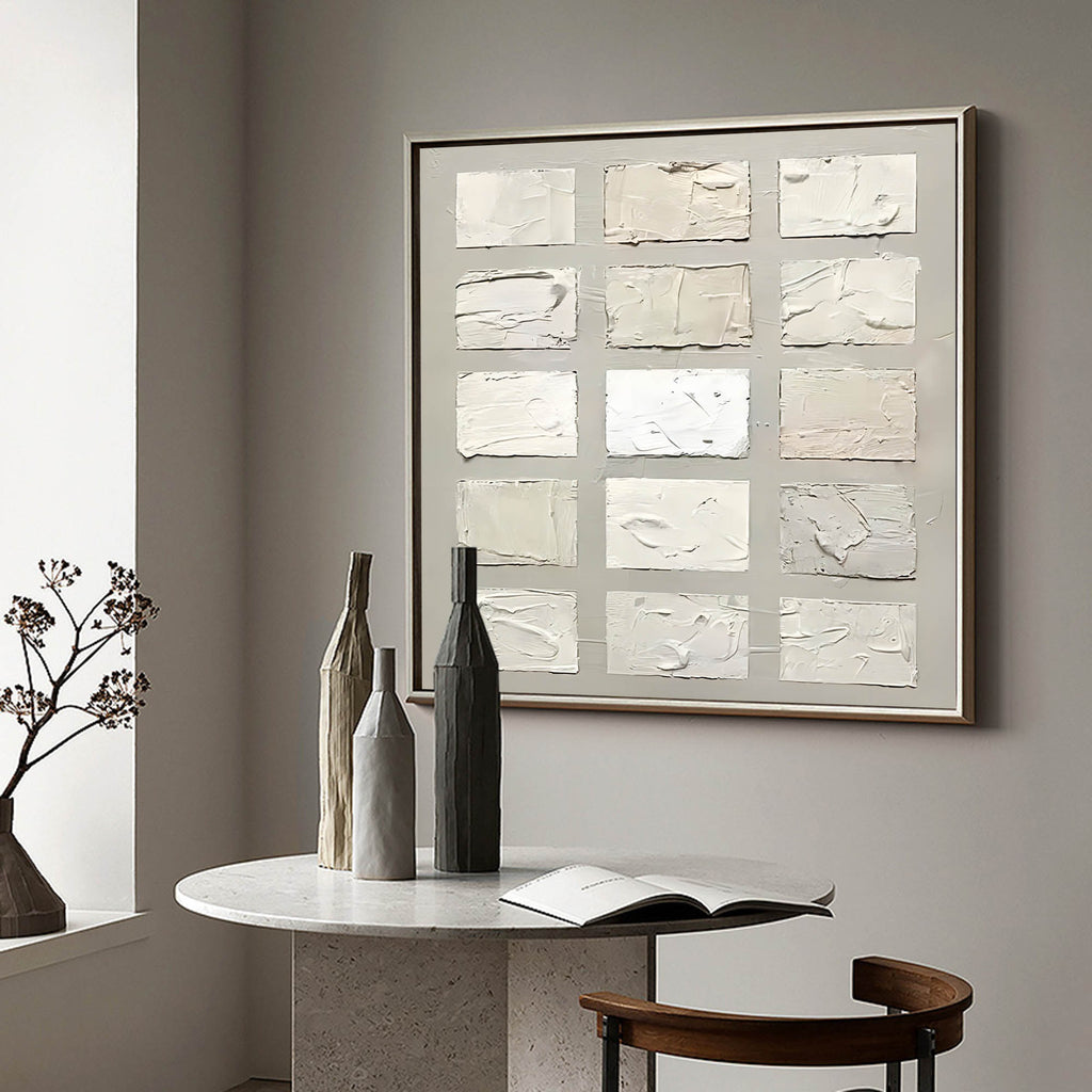 Wabi-Sabi Wall Art Neutral Tone Impasto Grid Oil Painting