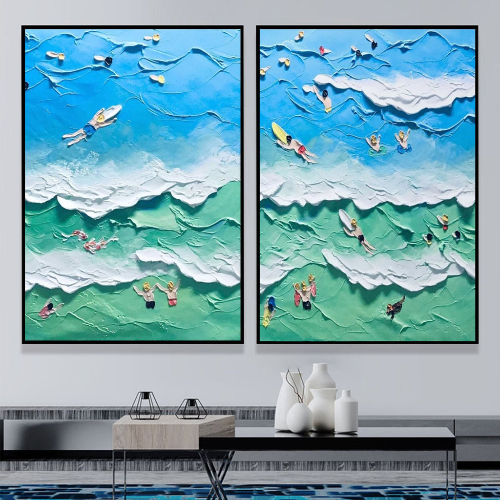Vibrant Beach Scene Impasto Diptych Oil Painting