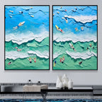 Vibrant Beach Scene Impasto Diptych Oil Painting