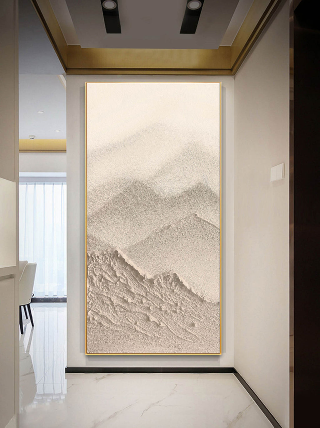 Vertical Wabi-Sabi Mountain Bas-Relief Painting