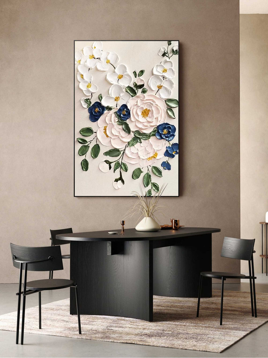 3D Impasto Floral Bouquet Painting White Blue