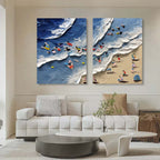 Colorful Beach Scene Impasto Diptych Oil Painting Set