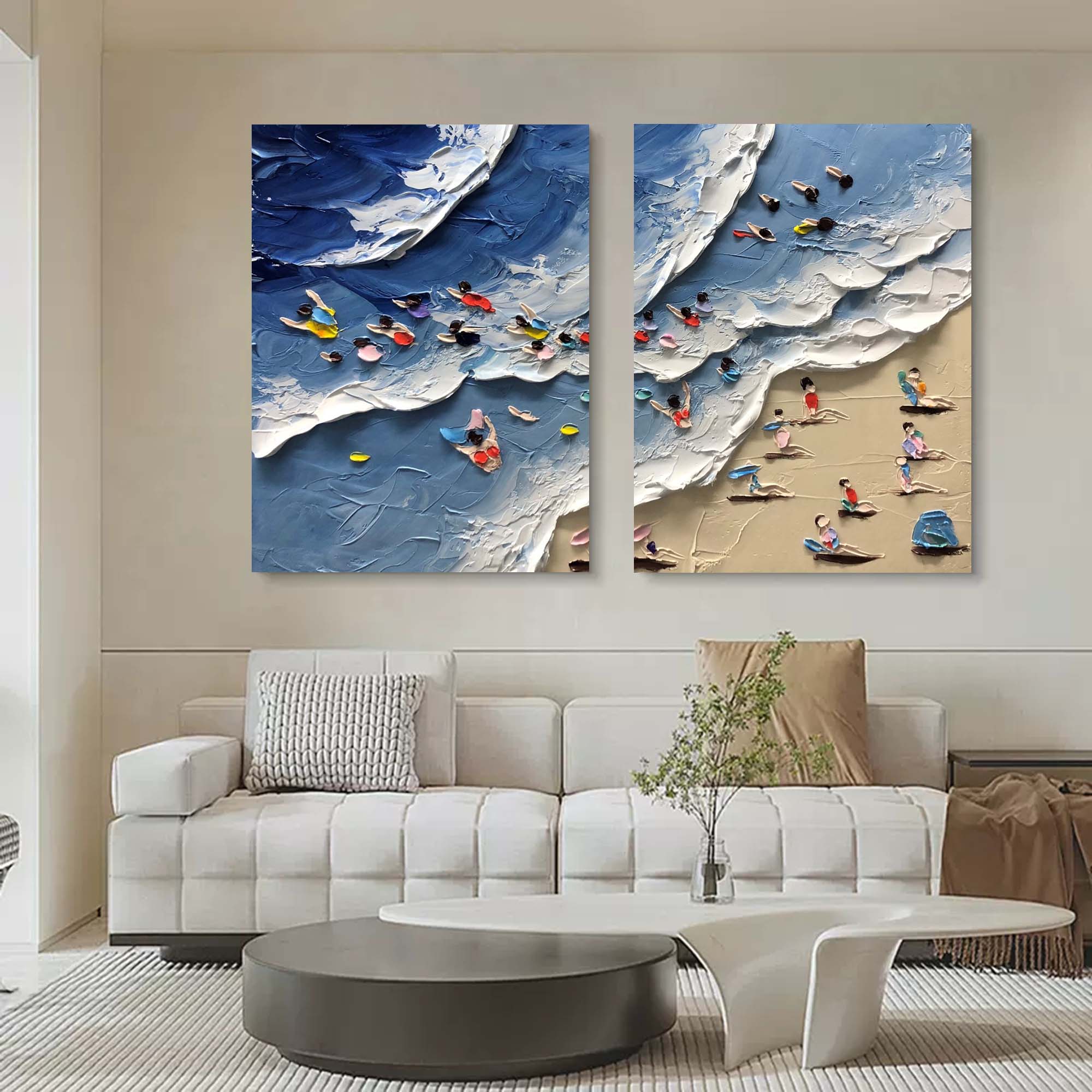 Colorful Beach Scene Impasto Diptych Oil Painting Set