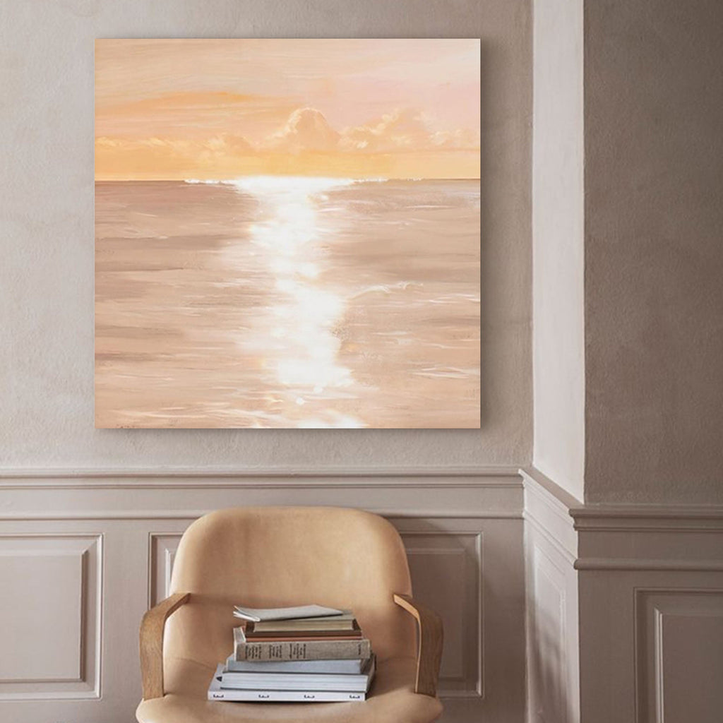 Serene Coastal Sunset Oil Painting Soft Peach