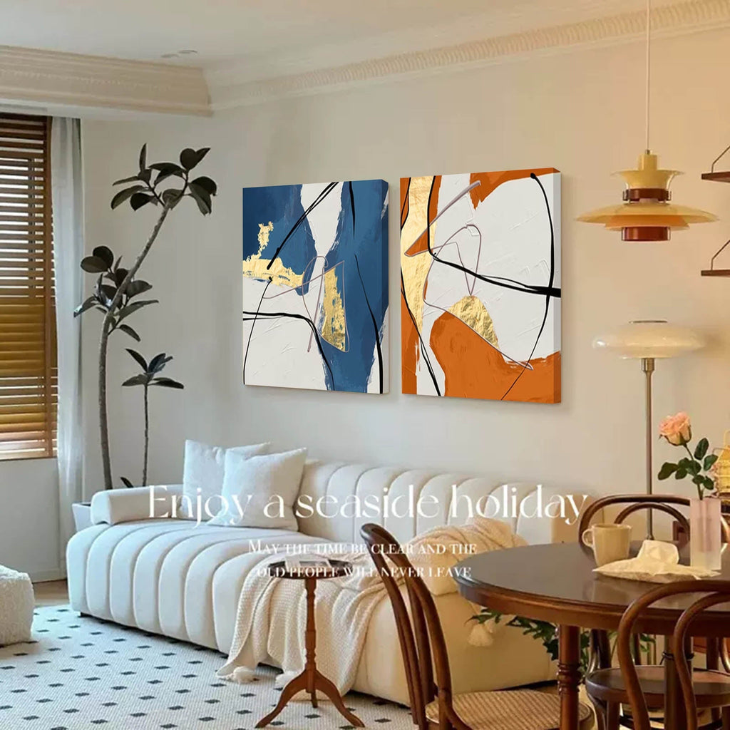 Set of 2 Gold  Oil Paintings Blue Orange