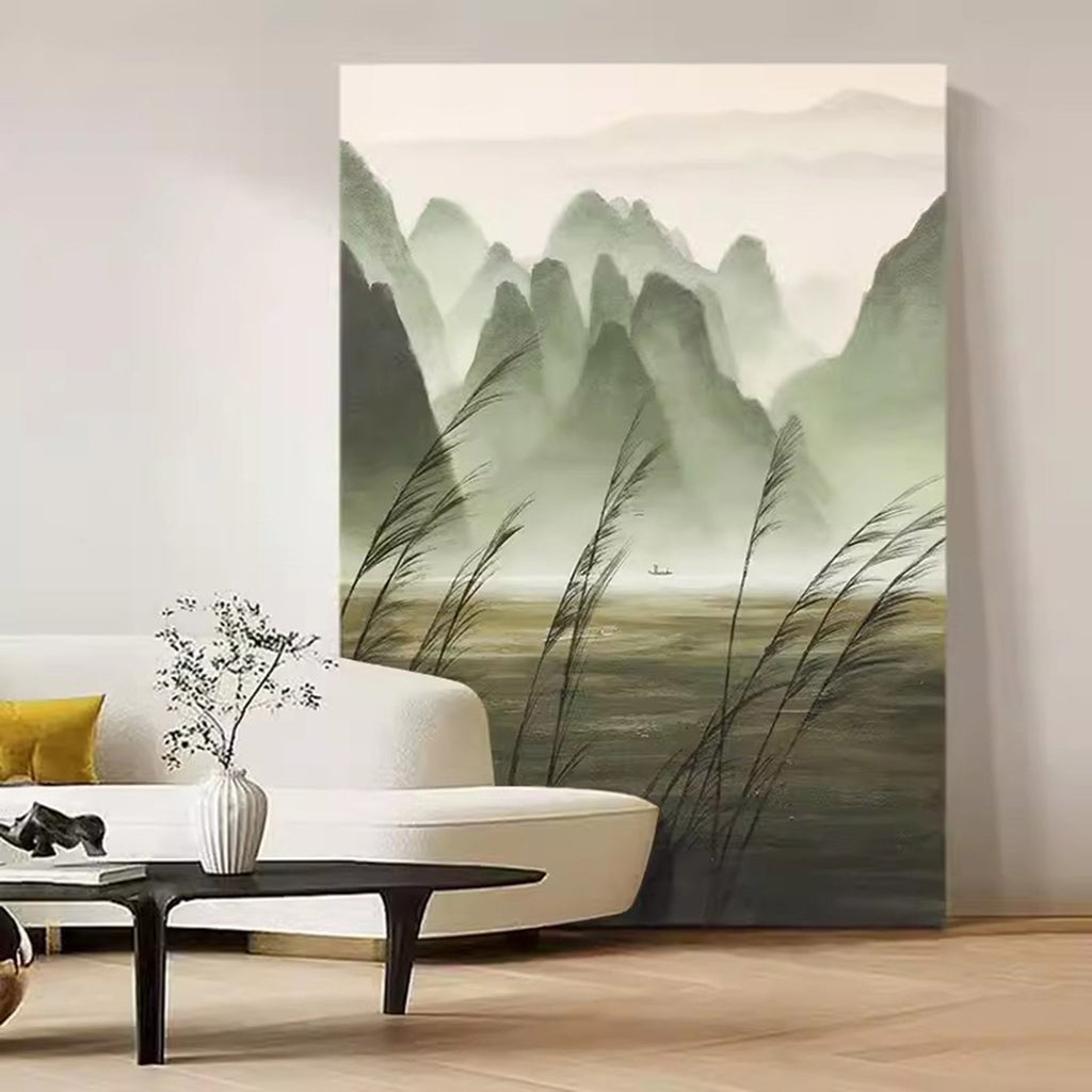 Chinese Ink Misty Green Mountain Landscape Oil Painting