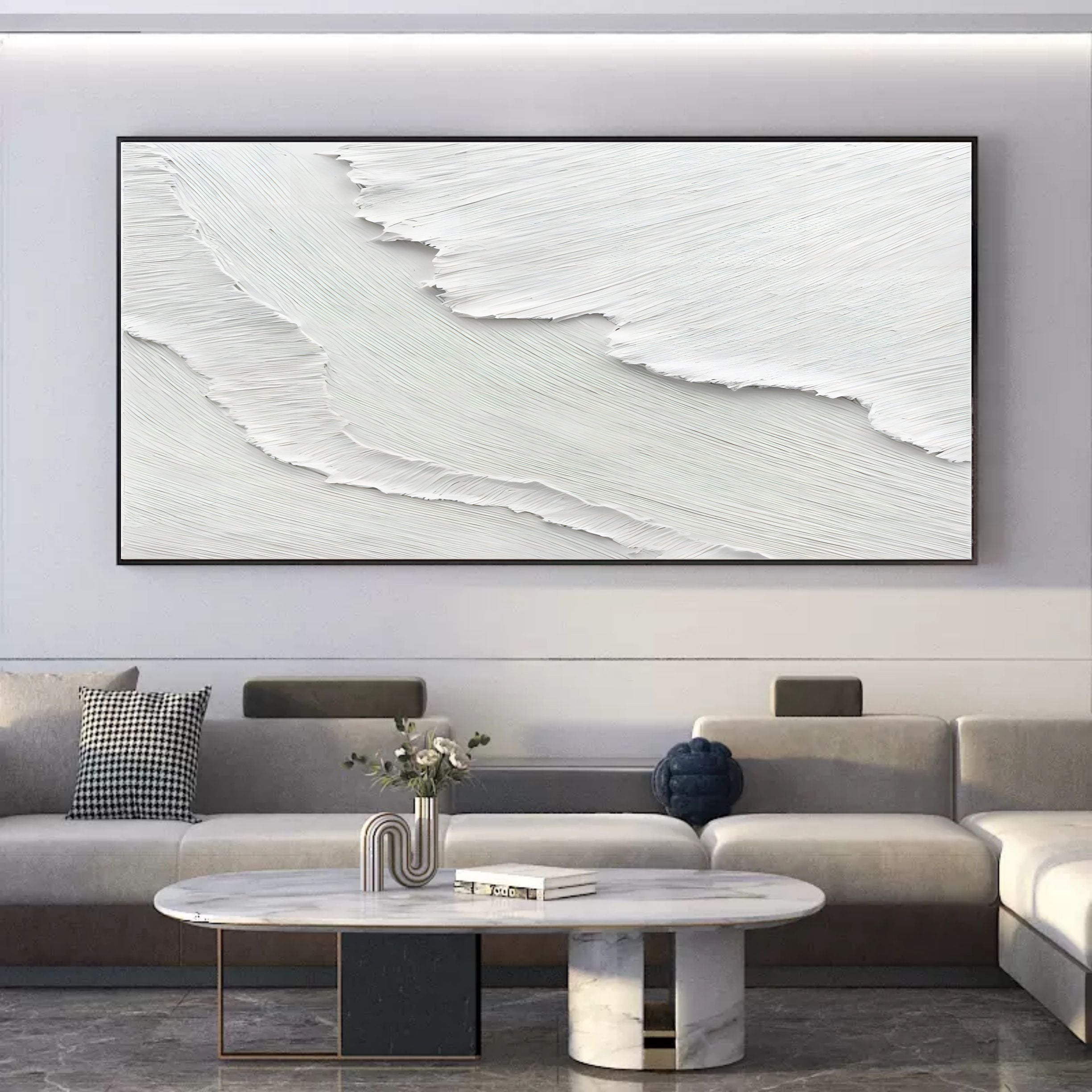 Minimalist 3D Textured White Wall Art Ocean Waves Painting