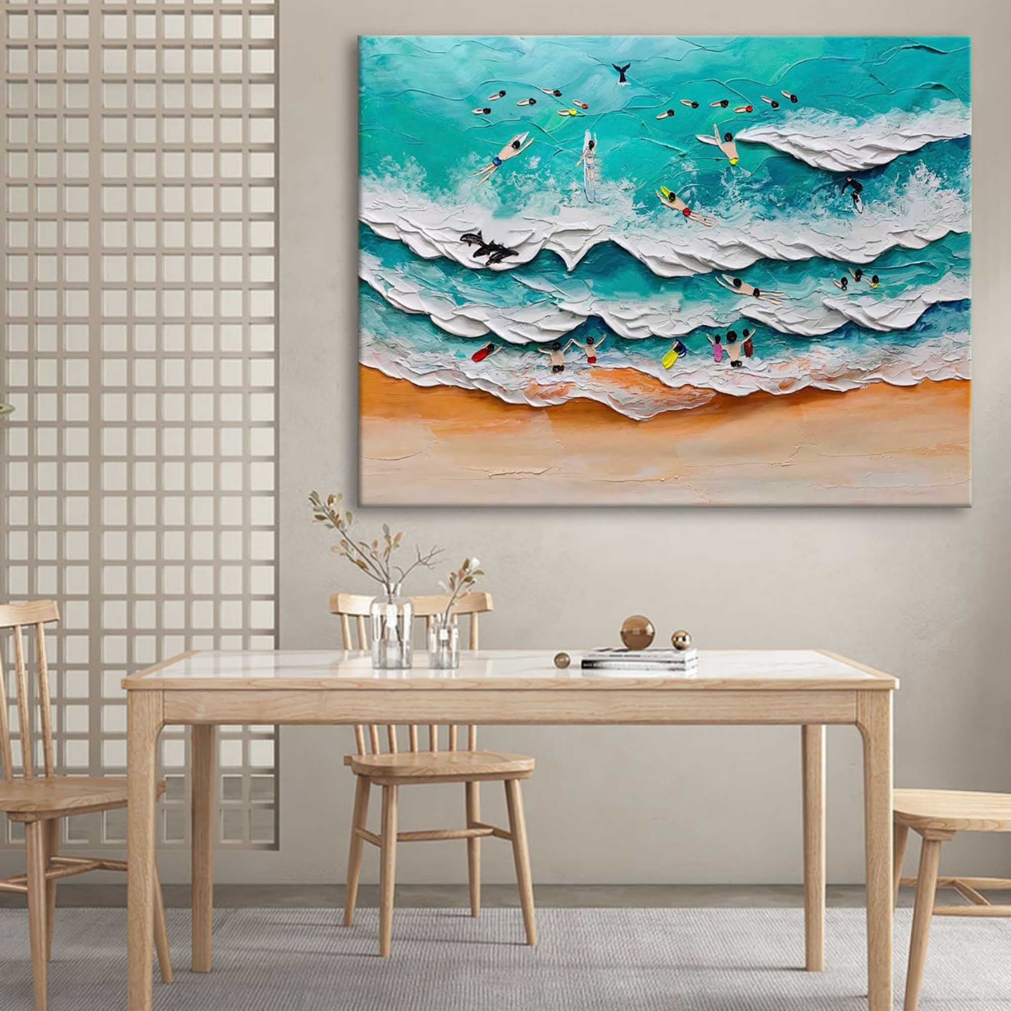 3D Beach Surfing Scene Textured Wall Art