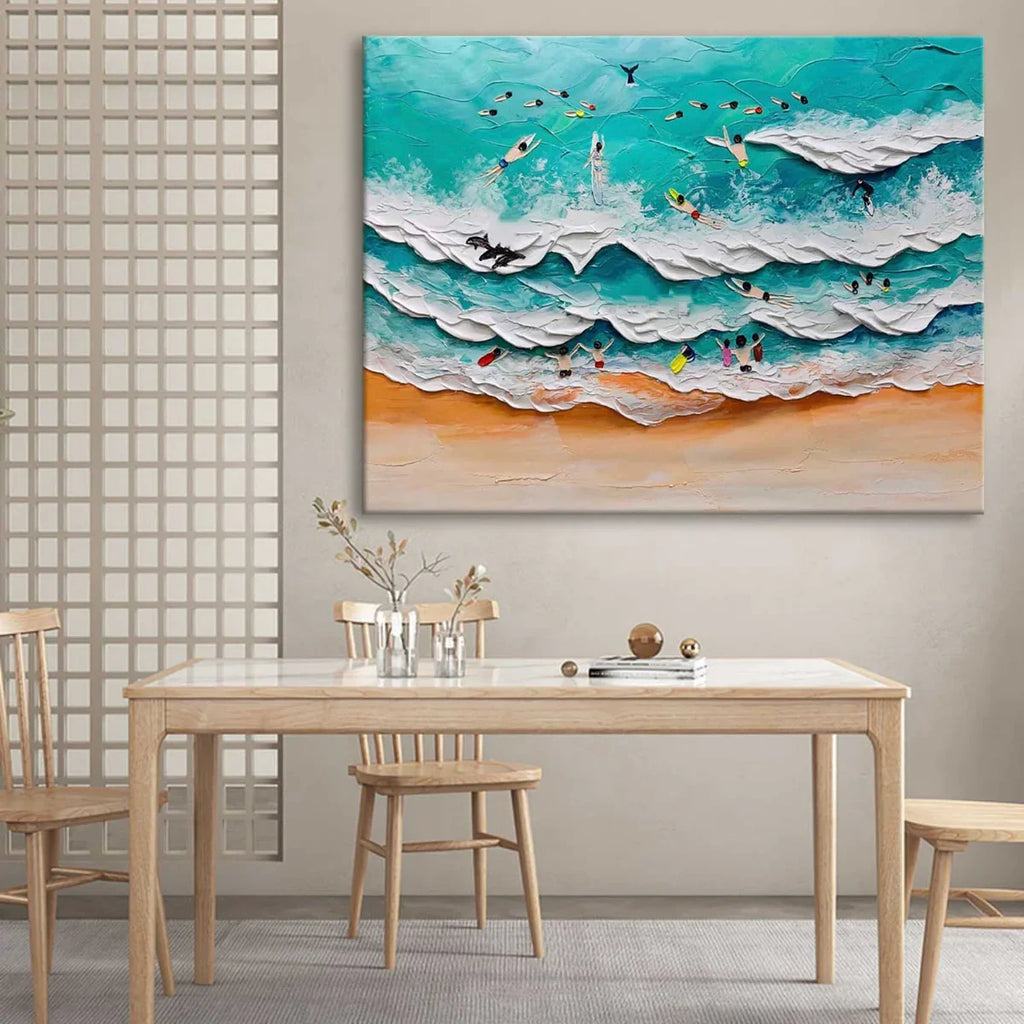 3D Beach Surfing Scene Textured Wall Art