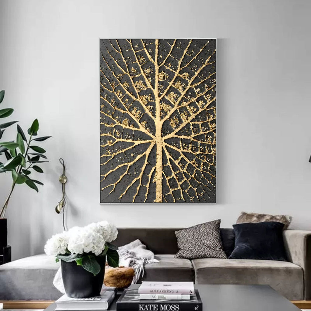 Plaster Art Black And Gold Leaf Vein Textured Painting