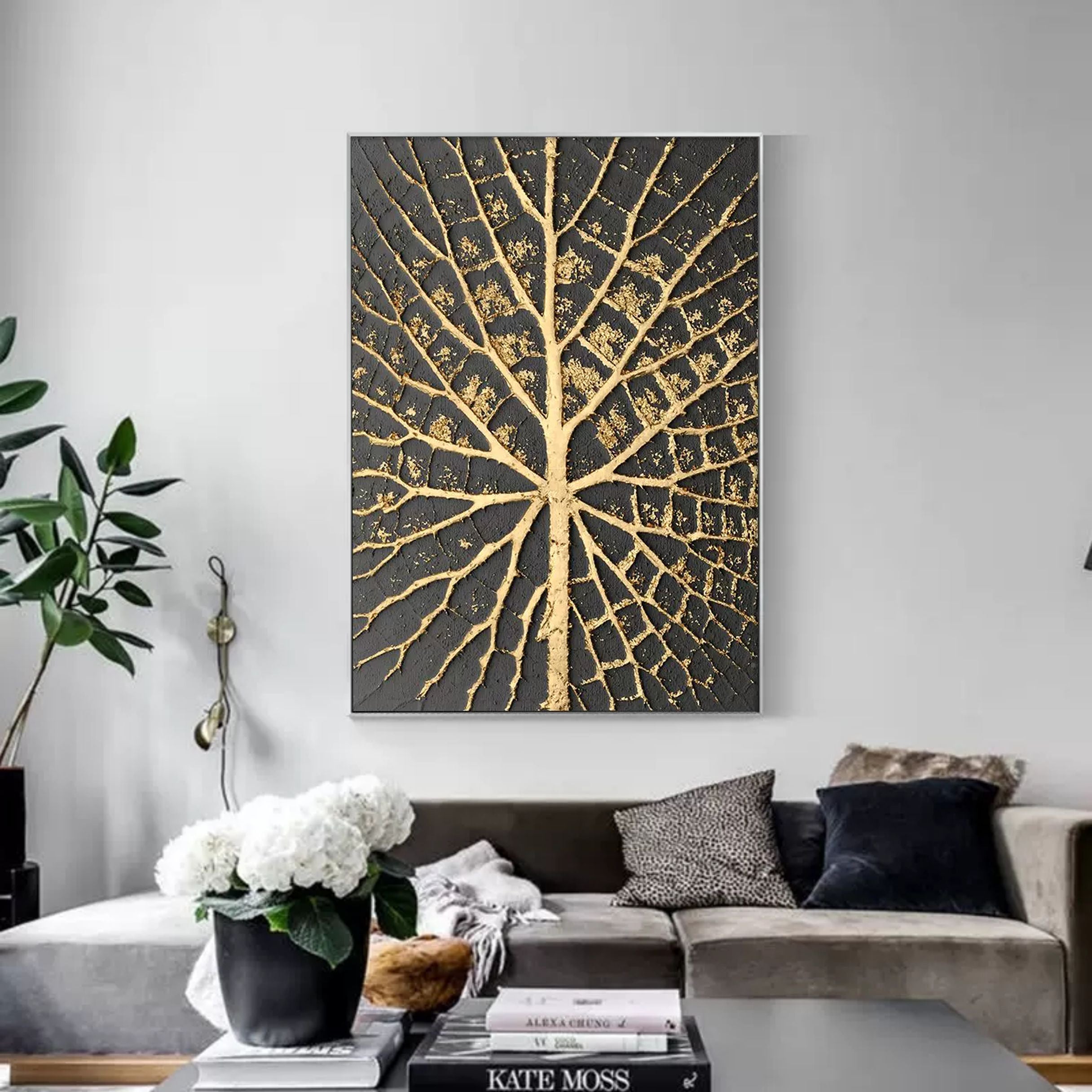 Plaster Art Black And Gold Leaf Vein Textured Painting