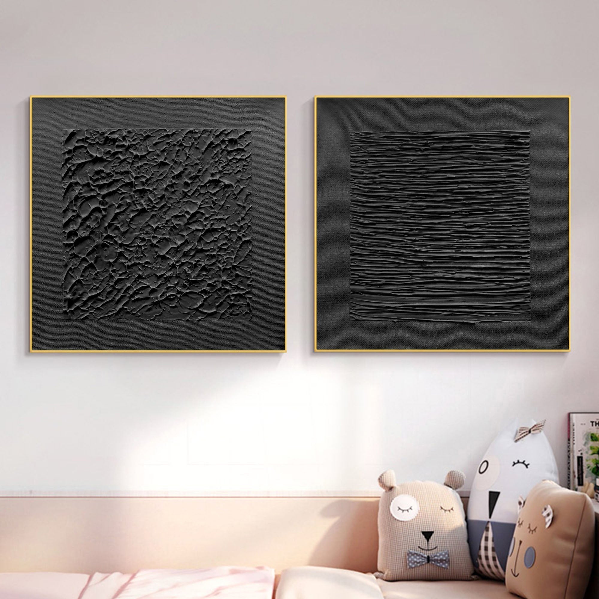 Monochrome Textured Diptych Bas-Relief Painting