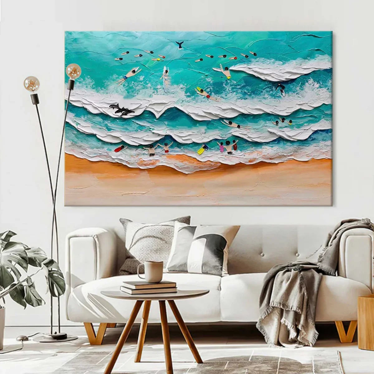 3D Beach Surfing Scene Textured Wall Art