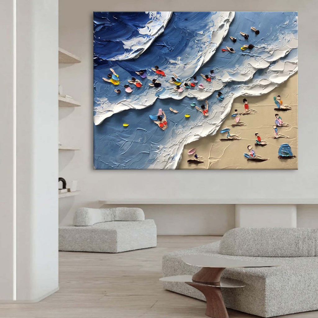 Colorful Beach Scene Impasto Diptych Oil Painting Set