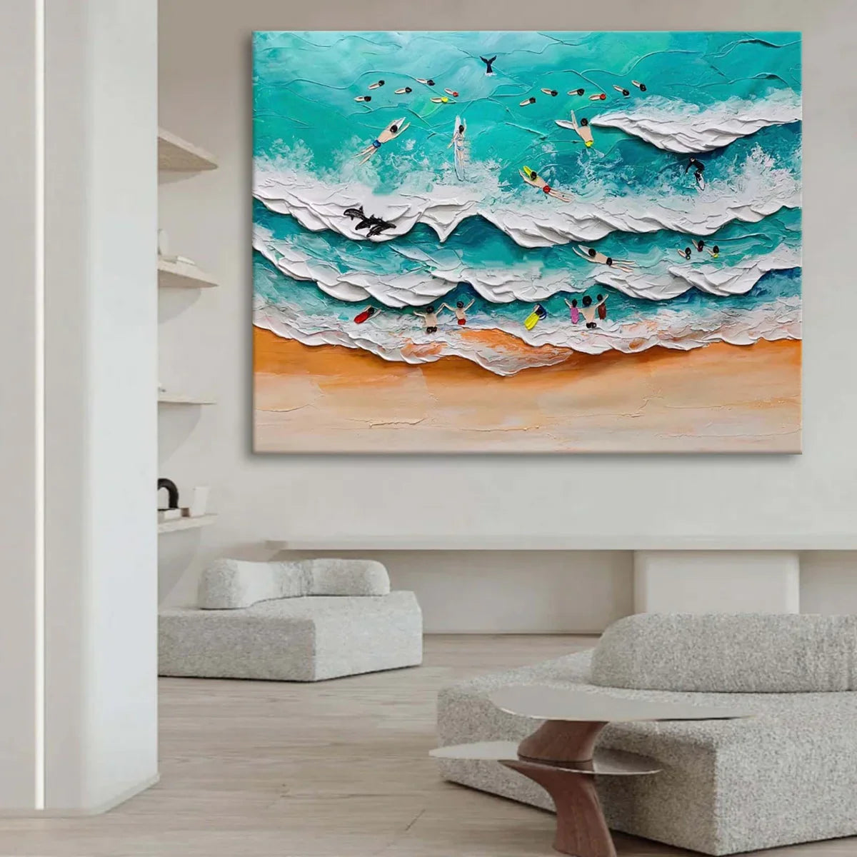 3D Beach Surfing Scene Textured Wall Art