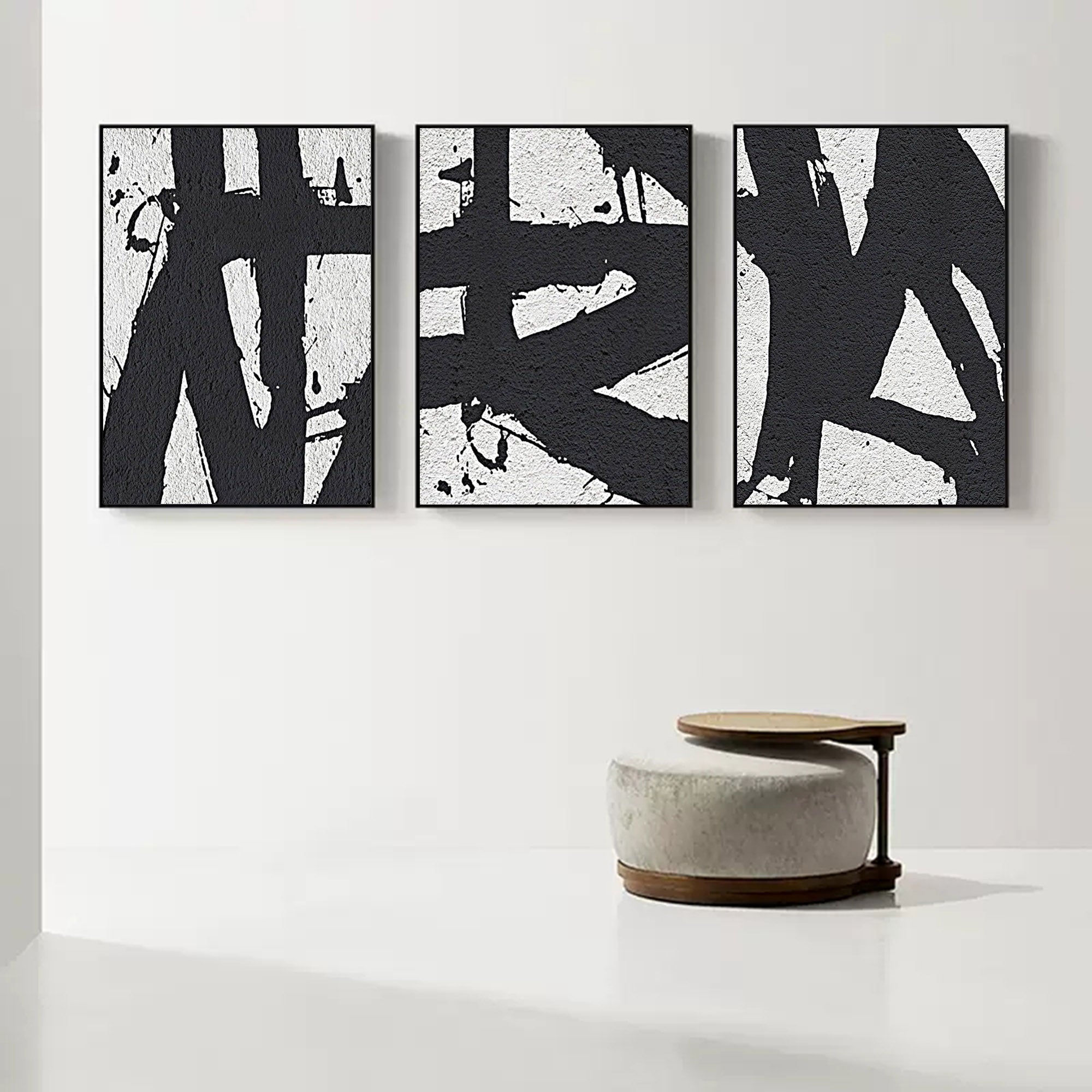 Set of 3 Black White Triptych Wall Art Textured